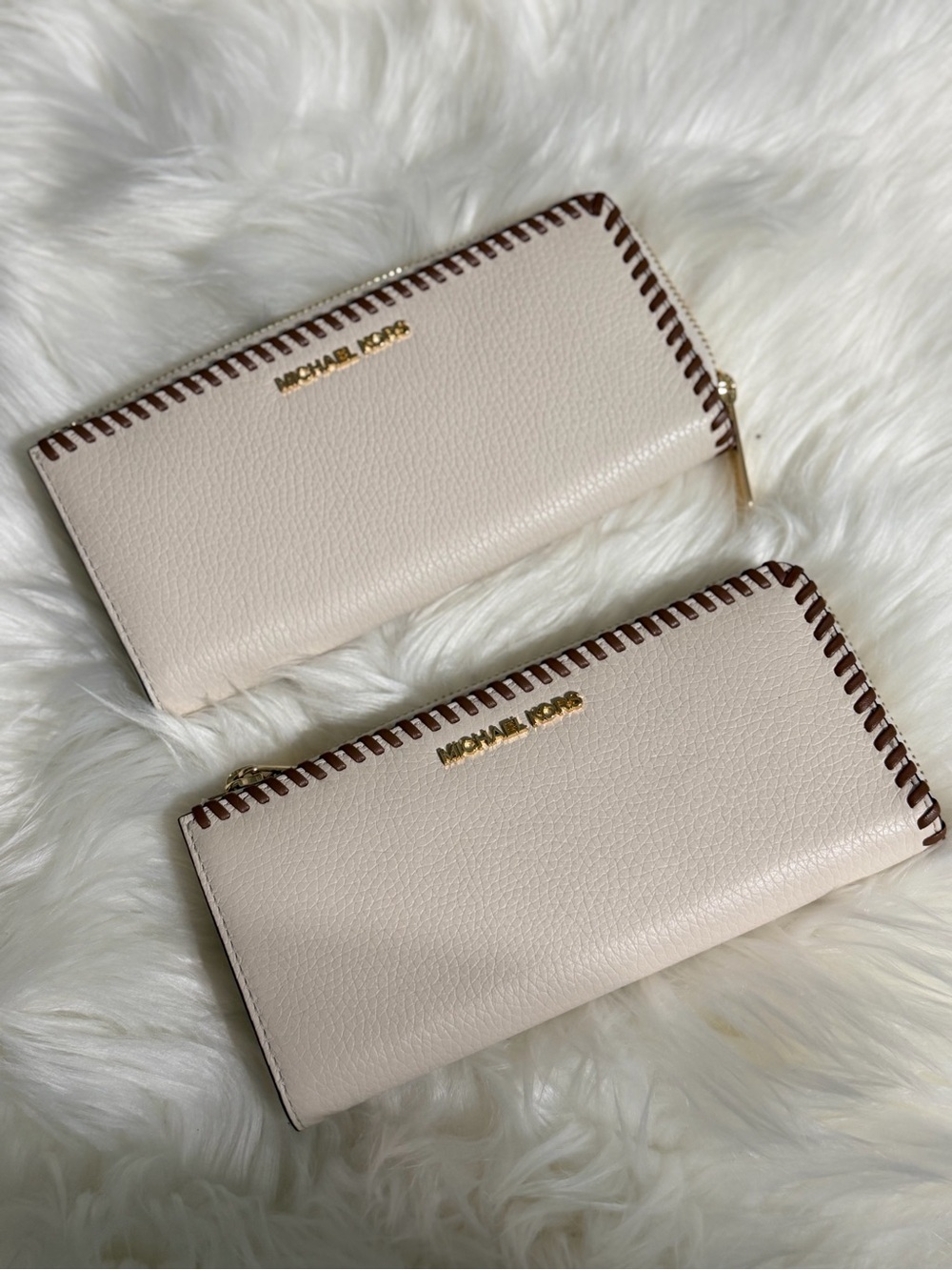 Michael Kors Cream Leather Zip Wallet with Brown Whipstitch Trim